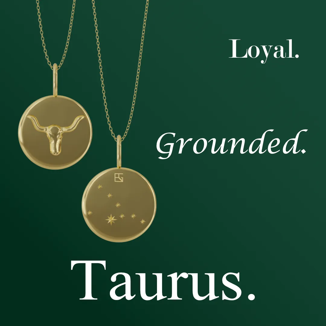 The Taurus pendant features the bull and his steadfast horns on the front and the Taurus constellation on the back.
