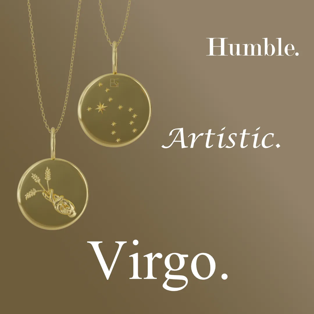 The Virgo Pendant features the Maiden’s hand holding a sheaf of wheat, with the Virgo constellation on the reverse side.