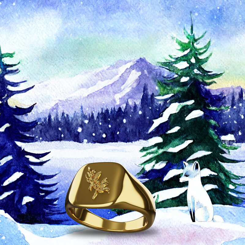 Winter watercolour painting featuring Yule solid gold ring.