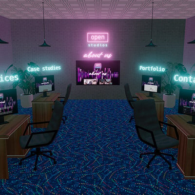 Screenshot of the Open Studios 3D virtual office website experience
